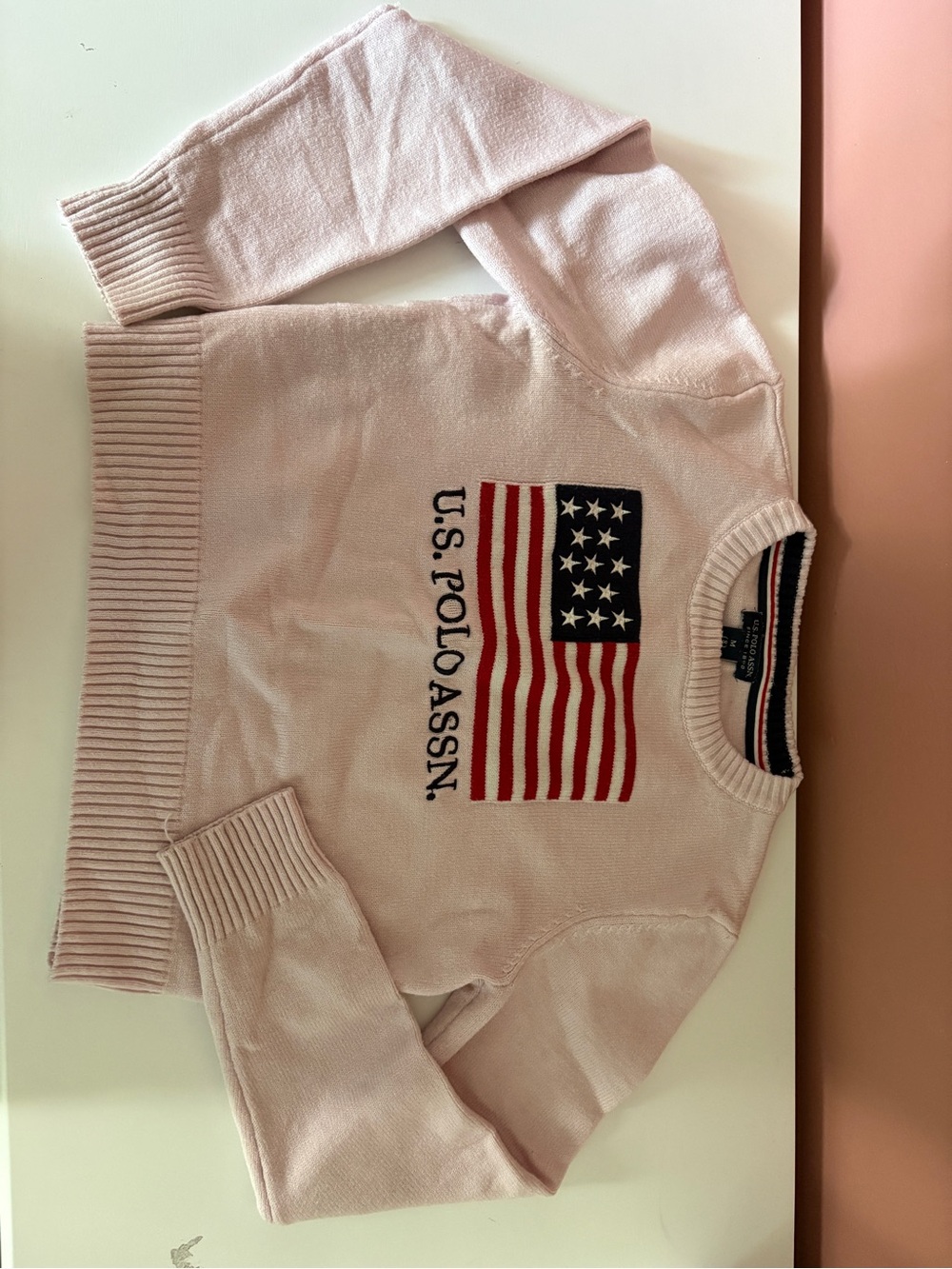 U.S. Polo Assn. Light Pink Crewneck Sweater with Flag Graphic